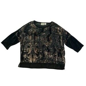 Chicos Sz 1 (U.S. 8/M) Black Velvet Burnout Floral Top Sheer Hem 3/4 Sleeve EUC